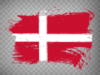 Flag Denmark brush stroke background.  Waving Flag of Kingdom of Denmark on tranparent backrgound for your web site design, app, UI.  Stock vector. EPS 10.