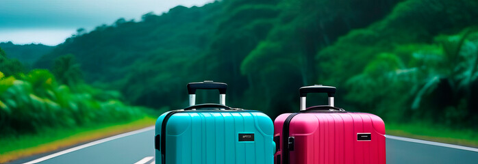 Banner with two colorful suitcases on jungle background, space for text - 754820207
