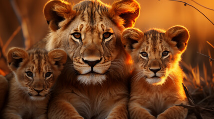 Obraz premium Lioness with cubs at sunset, warm light, wildlife family portrait.
