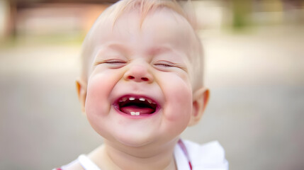 Close-up of a baby with sparkling eyes and a wide smile, showing tiny teeth, enjoying a happy moment outdoors.
