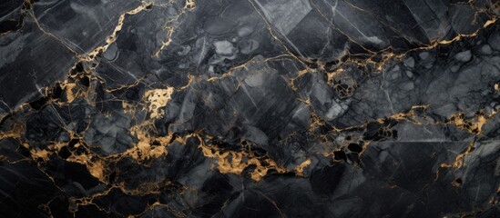 A dark gray marble with streaks of gold creates an abstract background suitable for product design. The combination of black and gold adds elegance and sophistication to any project.