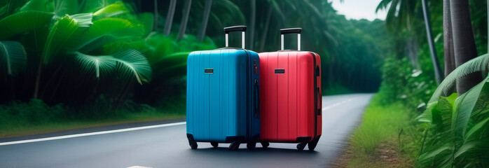 Two colored suitcases stand on road against the background of jungle, space for text - 754820281