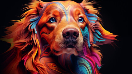 Colorful digital art portrait of a dog with vibrant abstract patterns on a dark background.