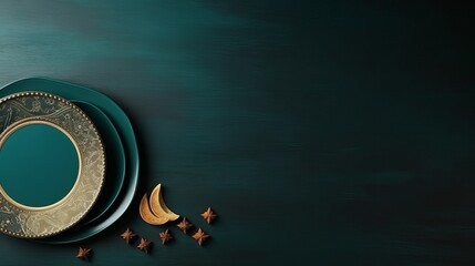 Ramadan Arabian Islamic background featuring a crescent adorned with Islamic texture and a plate of dates for iftar during the holy month of Ramadan.