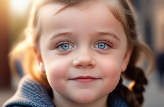 A little girl with Down syndrome, with big blue eyes and a smile on her face. child looking at the camera, close-up