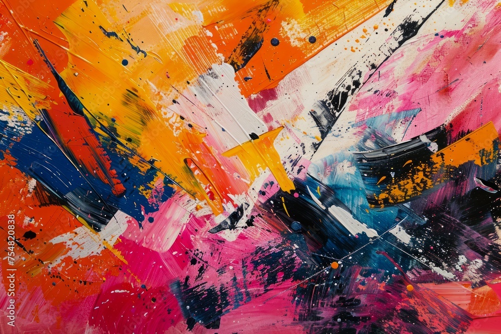 Poster vivid and abstract expressionist painting with bold brushstrokes and bright color palette on canvas 