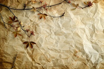 Vintage Crumpled Paper Texture with Dried Leaves and Twig - Elegant Background for Art and Design Projects