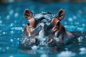 hippopotamus swimming in a river or lake close-up