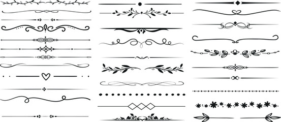 Decorative line borders, elegant design elements. Vector set of ornate patterns for invitations, certificates, documents. Vintage, swirls, flourishes. Black on white, intricate, detailed