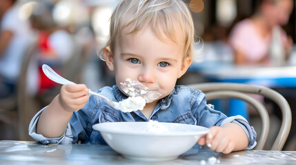 A small child with blue eyes enjoying a messy meal of powdered sugar dessert at an outdoor café table.
 - obrazy, fototapety, plakaty