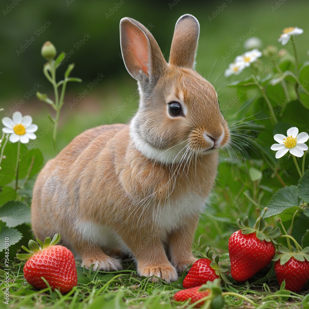 Wall mural A charming little rabbit holds strawberries in its paws - Wall murals