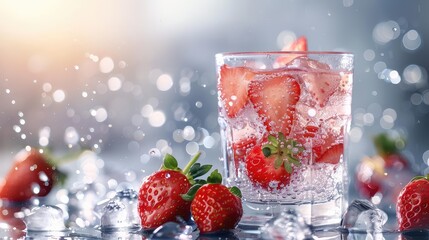 A fresh cocktail. A fresh summer cocktail with fruits and ice cubes. A glass of carbonated drink - obrazy, fototapety, plakaty