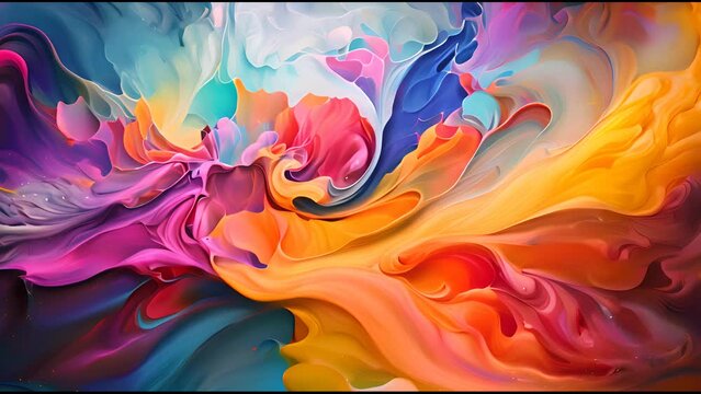 Abstract motion background of acrylic paint in red, blue, yellow and orange colors.
