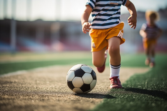 Little boy kicking a soccer ball on the football field. Close-up.