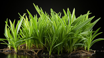 Lush green grass with visible roots against black background, growth and natural environment.