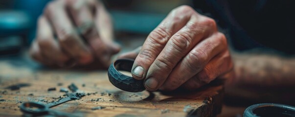 Skilled artisan hands meticulously crafting a unique ring in the intimate setting of a jewelry workshop.