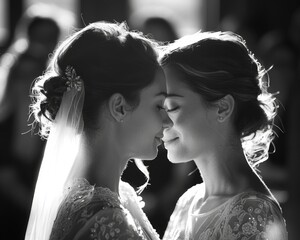 A touching black and white photograph of two brides sharing a tender moment on their wedding day. - Powered by Adobe