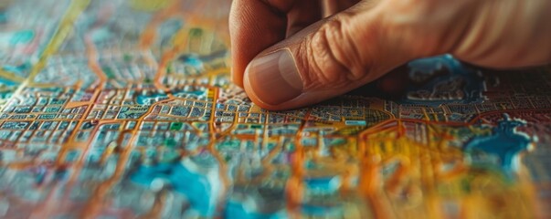 A close-up image of a fingertip pointing at a specific location on a colorful city map, suggesting...