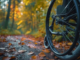 The close-up perspective of a wheelchair wheel on a forest path covered in autumn leaves, highlighting accessibility in nature.