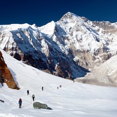 Mount Cho Oyu and group of hikers on glacier