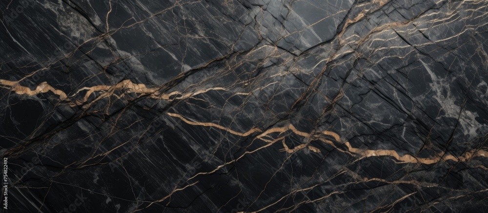 Poster close-up view of a black marble surface with intricate gold lines running through it, creating a lux