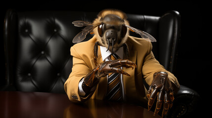 Fototapeta premium Anthropomorphic bee character in suit sitting confidently at desk, concept leadership and uniqueness