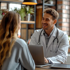 Cheerful friendly male doctor at medical office in hospital, showing examination results on laptop monitor screen and having consultation with young woman patient sitting in clinic ai technology