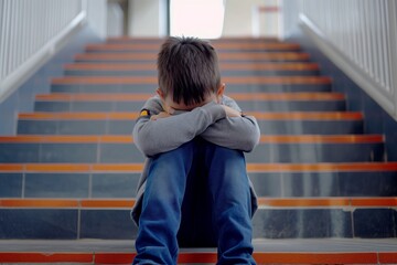 Bullying concept, Depressed boy sitting alone at stairs, Victim of school bullying, Stress and mental problems in childhood