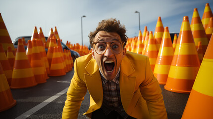Man in yellow jacket expressing surprise amidst a sea of orange traffic cones on a sunny day.