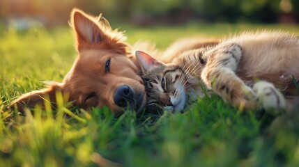 Cute dog and cat lying together on a green grass field nature in a spring sunny background - obrazy, fototapety, plakaty