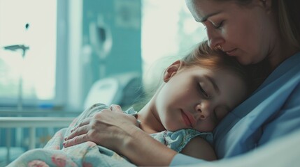 Mother consoles her sick daughter at the hospital recovering daughter and hugs her mother with love in the hospital