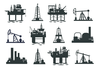 Oil platform silhouette. Offshore petroleum jack derrick tower, energy industry gas extraction plant, fuel production and transportation. Vector illustration - obrazy, fototapety, plakaty