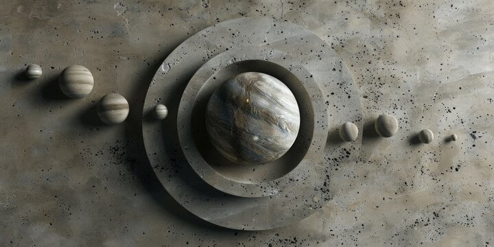 A creative depiction of the solar system's planetary alignment on a textured gray surface with shadows.