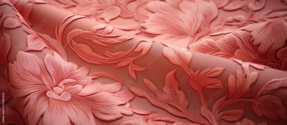 Poster this close-up shows a detailed view of a pink fabric with intricate flower patterns. the fabric appe