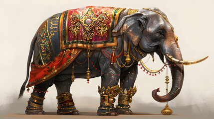 Hindu Traditional elephant with ornaments in legs and rich blankets on the elephant, tusk decorated with gold ornaments.