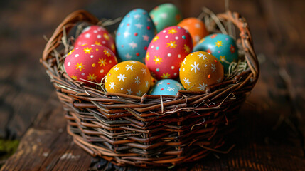 Wicker basket with colorful painted Easter eggs