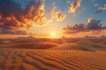 Desert landscape with blue cloudy sky at sunset
