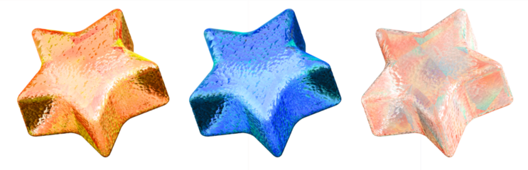 set of 3 Iridescent Star Clutchs, Holographic geometric shape isolated on transparent background. 3D rendering