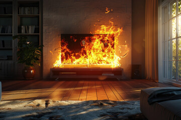 Broken TV burning in flames, concept of short circuit, fire safety