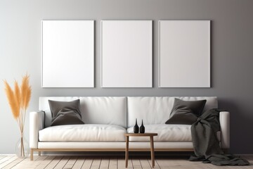 Wall with mockup posters in the minimal living room interior