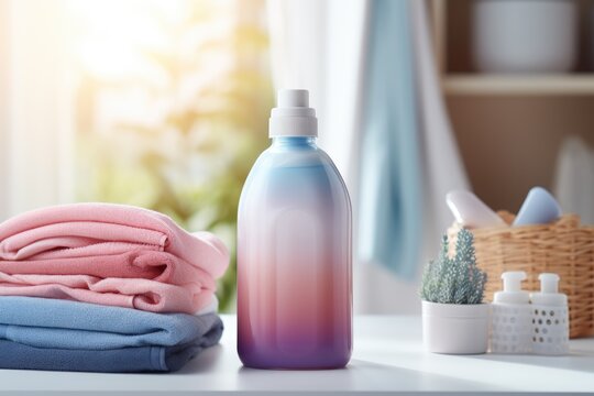 Bottle of fabric detergent and a pile of clean towels in the laundry room