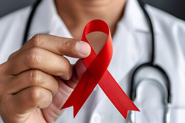 Close up of red AIDS awareness ribbon held by doctor's hand - obrazy, fototapety, plakaty