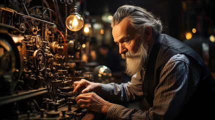 Fototapeta na wymiar Senior craftsman working meticulously in a vintage workshop with antique tools and warm lighting.