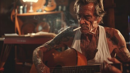 A elderly man with tattoos wearing a white tank-top and smoking a cigarette while playing an acoustic guitar in a disco pub
 - obrazy, fototapety, plakaty