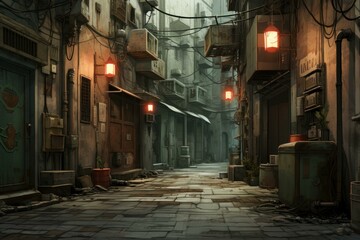 Fototapeta premium Secluded City narrow alley night. Alley house old. Generate Ai