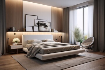 A serene modern bedroom design with a plush bed, framed artwork, and soft natural lighting..