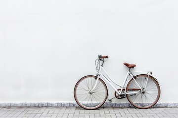 White vintage bicycle with brown leather saddle leaning against a white wall on a tiled sidewalk
