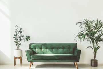 Minimalist living room with green velvet sofa