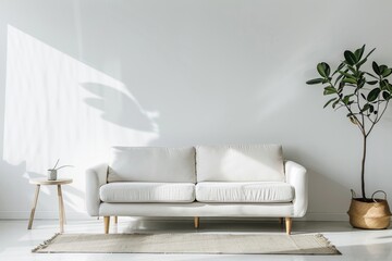 Minimalist living room with a white sofa and plant