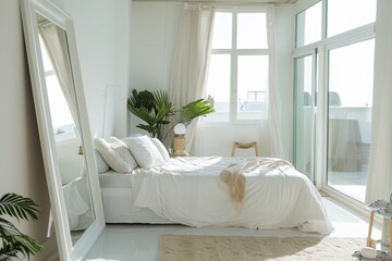 Bright and airy bedroom with white bedding, large windows, plants, and a standing mirror